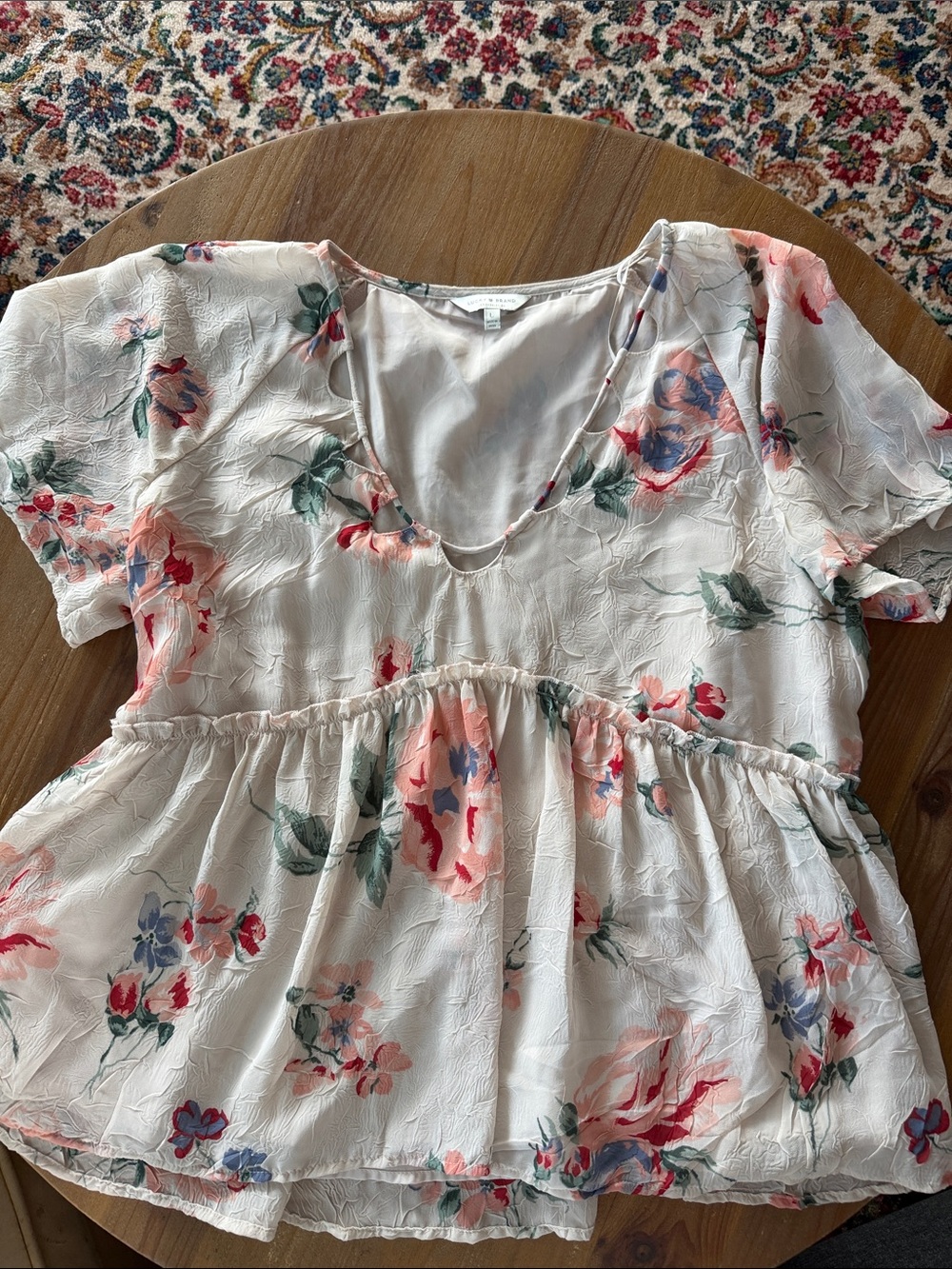 Lucky Brand Cream Floral Peplum Top with Pink & Green Accents